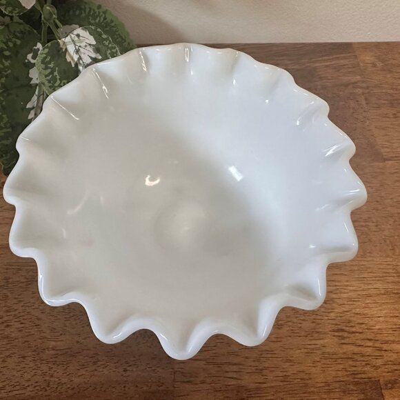 Fenton Hobnail Milk Glass Candle Bowl Ruffled Edge Pedestal Holder Vintage - Picture 3 of 4